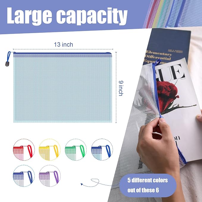 Koogel 5PCS Mesh Zipper Pouch Bags, A4, Waterproof File Folders, 5 Colors | Reusable PVC Plastic Pouches for Organizing Storage, Clear Mesh Bag for School, Office, Classroom Supplies