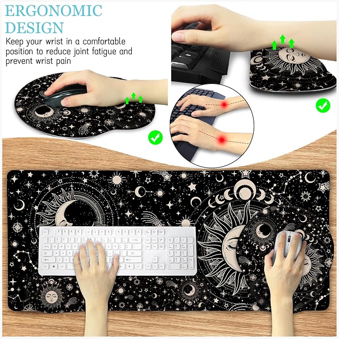 LIMKRIAN Sun Moon Mouse Pad Set Large Desk Mat Pad, Boho Desk Accessories | Ergonomic Mouse Pad Wrist Rest, Gaming Computer Keyboard Mat Wrist Support, Coaster, Home Office Desk Decor Supplies Witchy