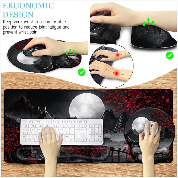 LIMKRIAN Japanese Ergonomic Mouse Pad with Wrist Rest, Large Desk Mat Set | Gaming Computer Mat, Keyboard Wrist Support, Coaster, Desk Matt for Desktop, Japanese Anime Office Supplies Desk Accessories