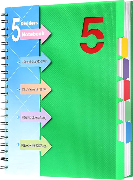CAGIE Spiral Notebook 8.5 x 11 with Dividers 5 Subject Notebook with Tabs Wide Ruled A4 Spiral Bound Journal for Note Taking Work School Supplies, 220 Pages, Green | College Ruled 240 Pages Spiral Notebook for Note Taking, School, Work, Green