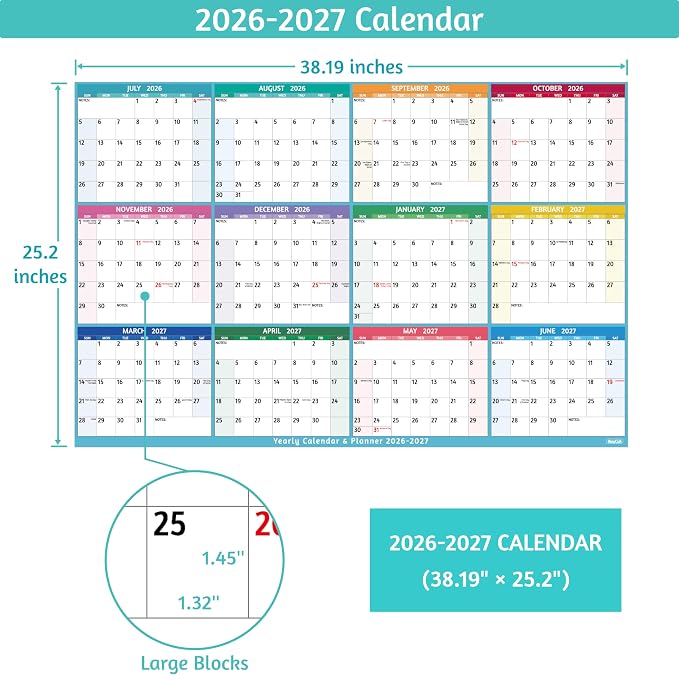 Yearly Wall Calendar 2026-2027 - Large Yearly Calendar, Jul 2026 - Jun 2027, 38.2" x 25.2" (Open), 2026-2027 Calendar, Large Wall Calendar, Full Year Paper Calendar with Notes, Thicker Paper – Multi