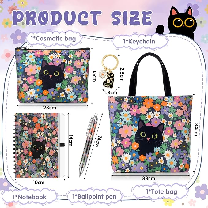 Kinlop 5 Pcs Gift Set for Women Include Tote Bag Canvas Cosmetic Bag Coil Notebook Keychain and Ballpoint Pen for Women Girls (Black Cat,Multicolor)