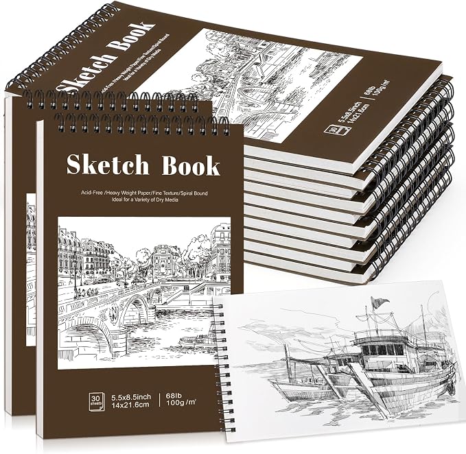 12 Pack Sketch Book, 5.5 x 8.5 Inch Sketchbook, 68lb/100gsm Top Spiral Bound Sketch Pad, Acid Free Art Supplies Drawing Painting Sketching Paper for Kids, Beginners, Artists (Tan)