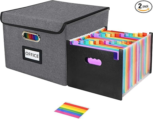 File Organizer Box with 25-Pocket Accordion Folder, File Folder & Protective Lid - Document Storage for Home, Office, School, Grey