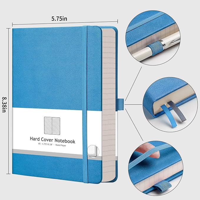 AHGXG Lined Journal Notebook, 320 Numbered Pages, A5 (5.75'' X 8.38'') | Thick Lined Notebook for Note Taking, 100GSM Paper, Leather Hardcover, for Women Men (Blue)