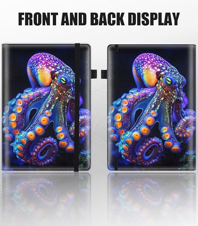 Hardcover Executive Notebooks, A5 PU Leather Lined Journal Notebook, 200 Pages Thick Paper Subject Notebooks for School,Work,Home Writing Business Notebook, Diary Book ，Neon Octopus