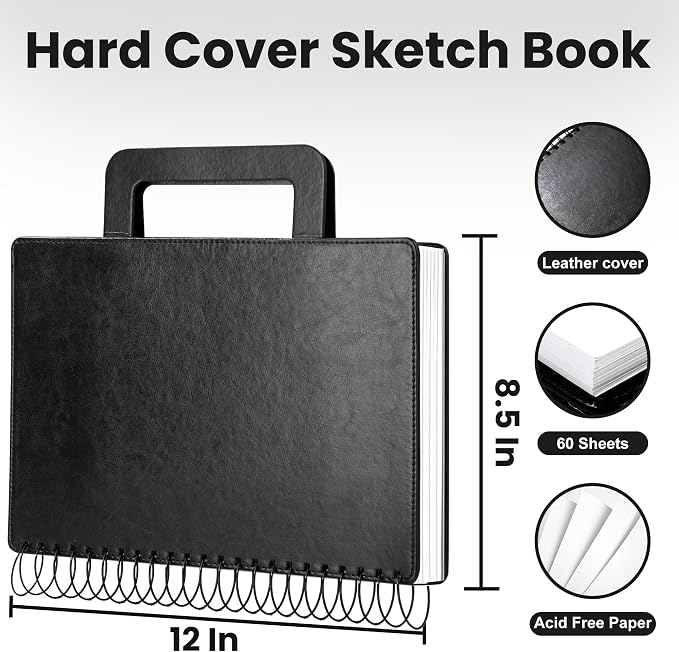 Large Sketchbook for Drawing 9"X 12" Portable Travel Spiral Bound Sketch Book with Pocket(98lb/160gsm) Hardcover Drawing Pad for Adults Watercolor Mixed Media Paper, 60 Sheets/120 Pages, Black