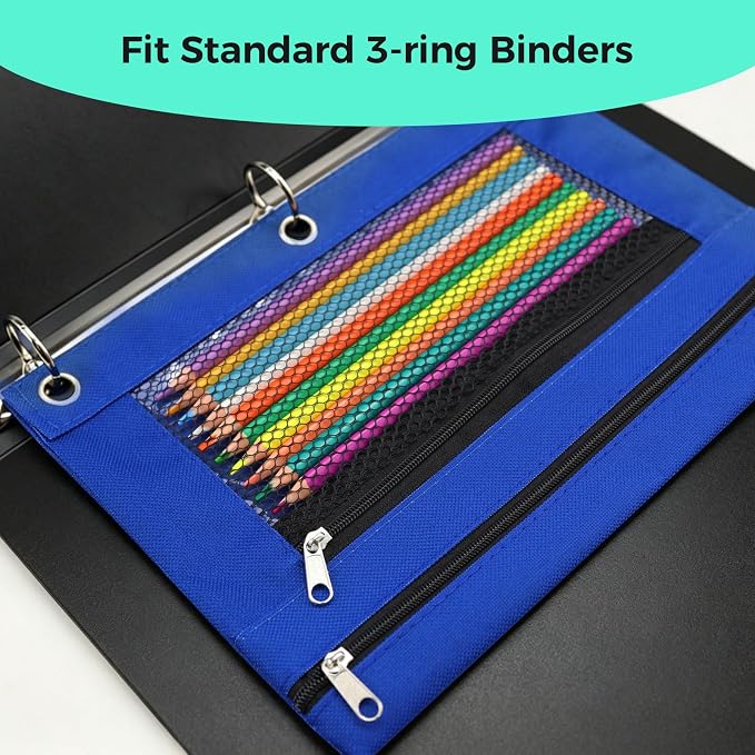 Pencil Pouch for 3 Ring Binder, Pencil Case with Zipper, 600D Fabric Pencil Pouch Bag Holder Accessories, Clear Window Pencil Case Aesthetic Back to School Organizer Pockets for Boy Girl (Blue)