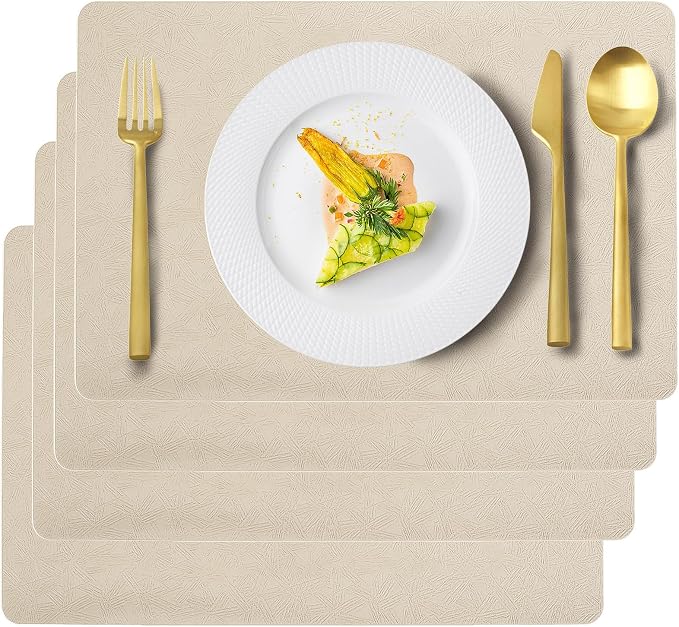 Beige Plastic Placemats Set of 4, Faux Leather Waterproof Table Mats | Beige Vinyl placemats,Wipeable and heat resistant table mats.Easy to clean,great for indoor and outdoor