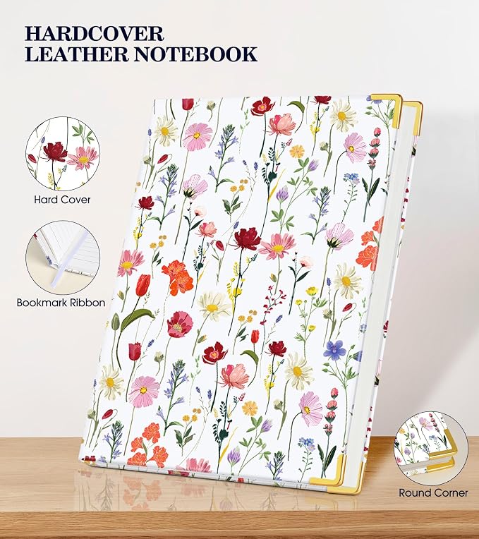 Lined Journal Notebook for Women, A5 Hardcover Leather Journaling Notebooks for Writing, 200 Pages Travel Journal, College Ruled Notebook for Work School, Note Taking 5.75'' X 8.38'' Garden Floral