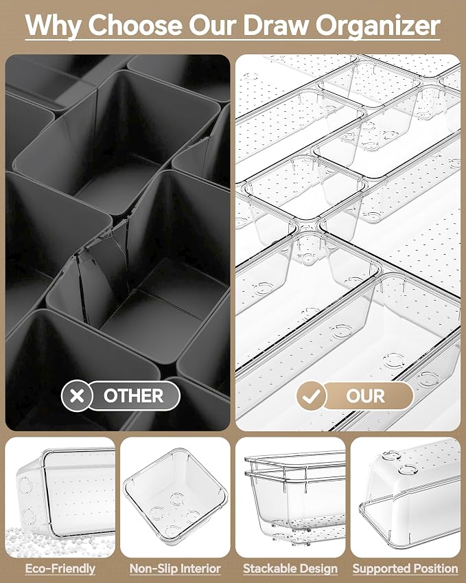 KEMETHY 25 PCS Plastic Drawer Organizers Set, 4 Sizes Vanity Organizer, Makeup and Desk Drawer Organizer Trays, Organization and Storage for Makeup, Bathroom, Kitchen Utensils and Office (Clear)