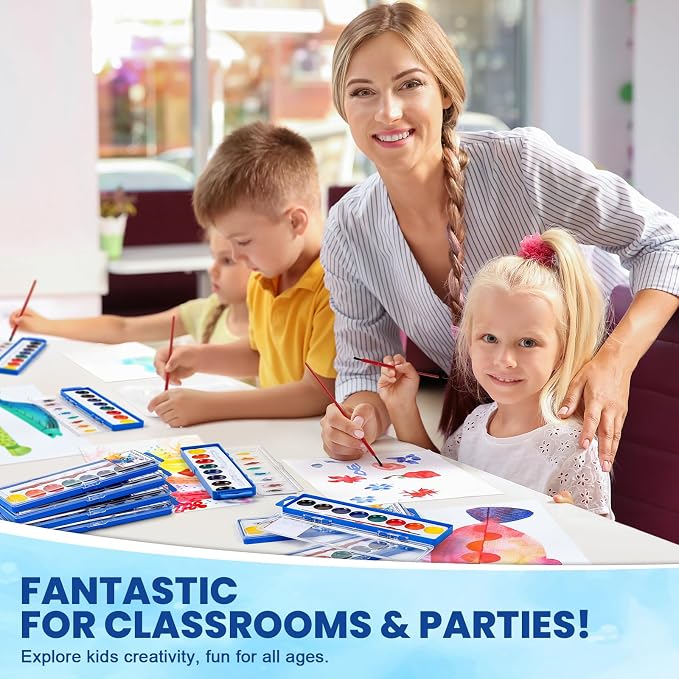 72 Pack Watercolor Paint Set, Washable Watercolor Paint Bulk for Kids, Water Color Paint with Paint Brushes, Ideal Gifts for Party Favors, School Supplies & Classroom Prizes, Art Activities, 8 Colors