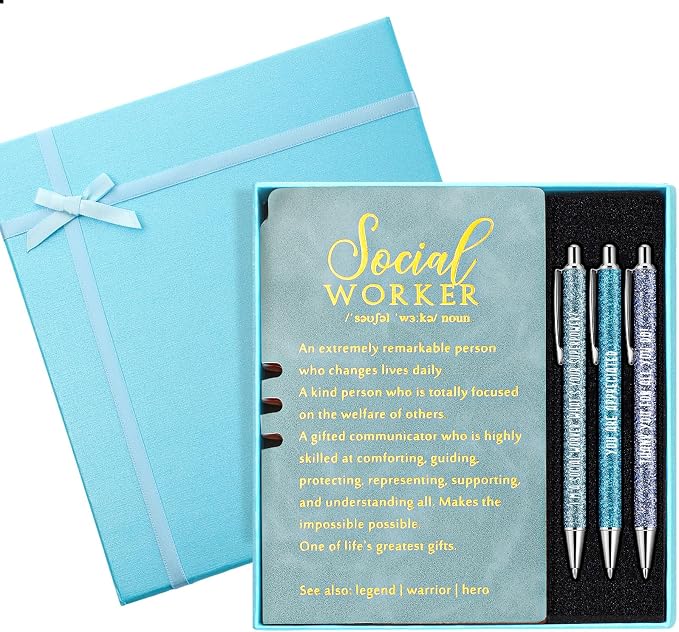 Resurhang 5 Pcs School Social Worker Must Haves Office Supplies Gift Leather Journal Notebook 3 Ballpoint Pens with Box Thank You Social Work Appreciation Gift for Bsw Msw Dsw(Blue)