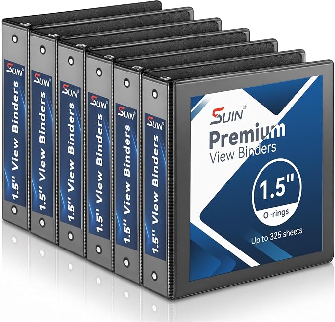 SUIN 1.5-Inch 3-Ring Binders with 2 Interior Pockets, Premium Clear View Presentation Binder Holds 325 Sheets Letter Size, Office School Home,6 Pack