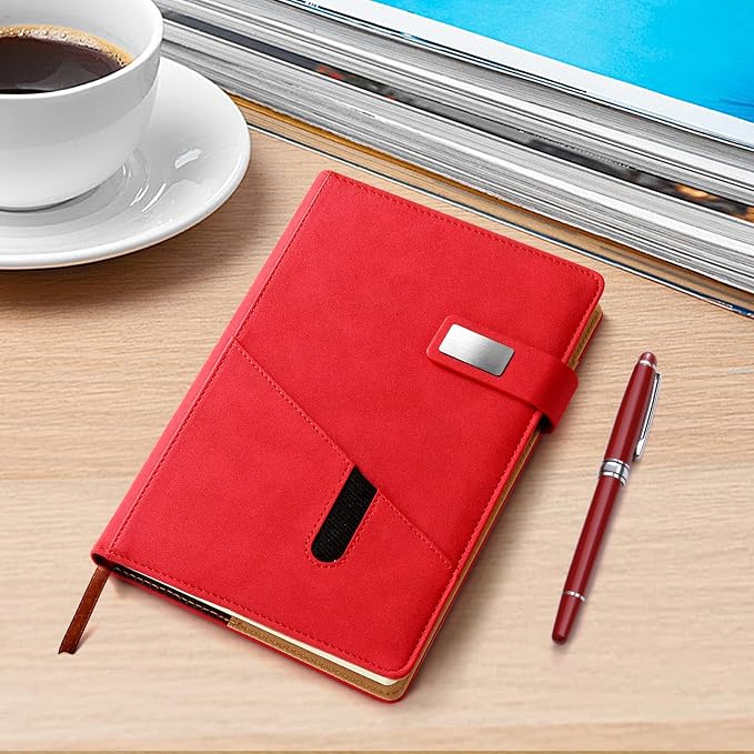 A5 Lined Leather Journal with Pen, 240 Pages Refillable Hardcover Notebook with Pocket and Magnetic Buckle, 80gsm Thick Daily Diary for Men and Women, Great Gift for Business Travel Personal - Red