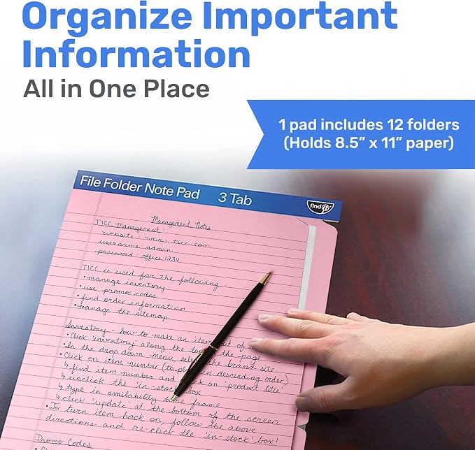 Find It File Folder Notepad, 12-Ct 3rd-Cut Tab Organizer Folders, Pink | Wide-ruled clipboard-style pages, tear-out perforated sheets, great for office, home, and school filing organization
