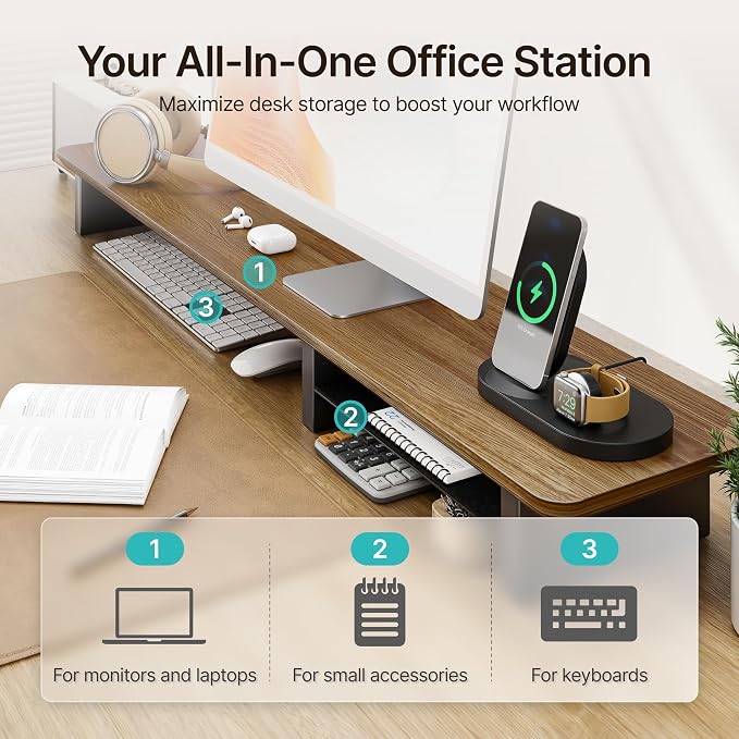 PEGZONE Dual Monitor Riser with Integrated Metal Shelf, Large Walnut Wooden Desk Shelf for 2 Monitors/TV, Monitor Stand Riser for Desk, Wood Monitor Stand Organizer for Home Office，Wide 46"