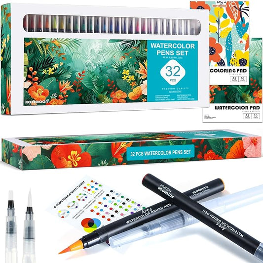 32 Watercolor Pens Set Includes 26 Vivid Colors, Real Brush Tips Paint Markers Set with 2 Blender Pens, Watercolor Pad and Coloring Pad, Art Supplies Gifts for Beginners Young Artists and Adults