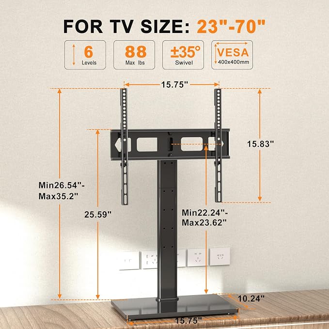 XINLEI Universal Swivel TV Stand Base Table Top TV Stand for 23-70 Inch TVs 70 Degree Swivel, 6 Height Adjustable Tall Monitor Mount Stand, Max VESA 400x400mm,Holds up to 88lbs TS206