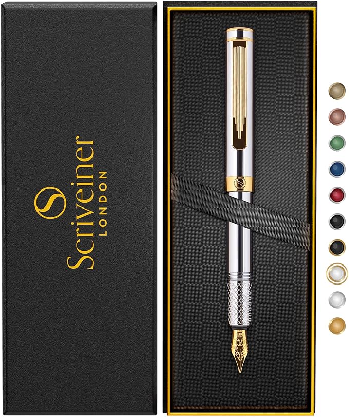 Scriveiner Luxury EDC Fountain Pen (Medium), Stunning Silver Chrome Luxury Pen, Real Gold Plating, Schmidt German Nib, Converter, Writing Gift Set for Men & Women, Nice Fancy Office Designer Pen