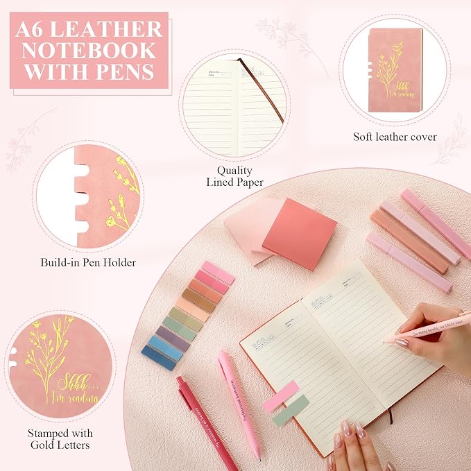 Havawish 14 Pcs Book Lovers Gift for Women 16 oz Glass Cup Tote Bag A6 Journal Notebook Pens Highlighters Sticky Notes Back to School Teacher Librarian Bookish Book Club(Pink,Aesthetic)