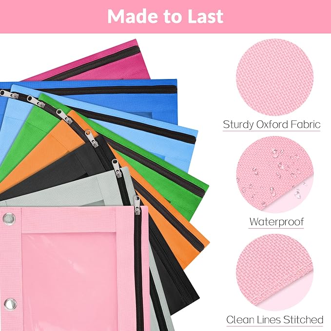 Sooez Pencil Pouch for 3 Ring Binder, 2 Pack Binder Pencil Pouch with Clear Window Pencil Bags with Zipper & Reinforced Grommets, Pencil Case for binder Pink & Green
