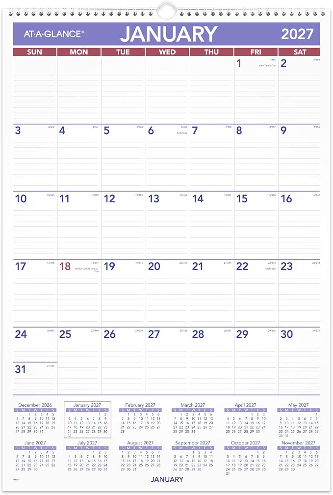 AT-A-GLANCE 2027 Wall Calendar, Monthly, 15.5" x 22.75" Planner, Ruled Daily Blocks (PM32827)