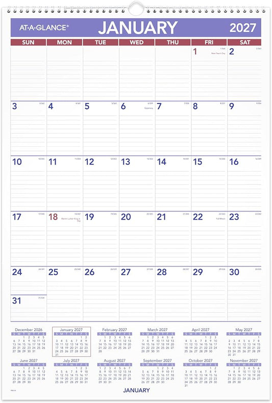 AT-A-GLANCE 2027 Wall Calendar, Monthly, 15.5" x 22.75" Planner, Ruled Daily Blocks (PM32827)