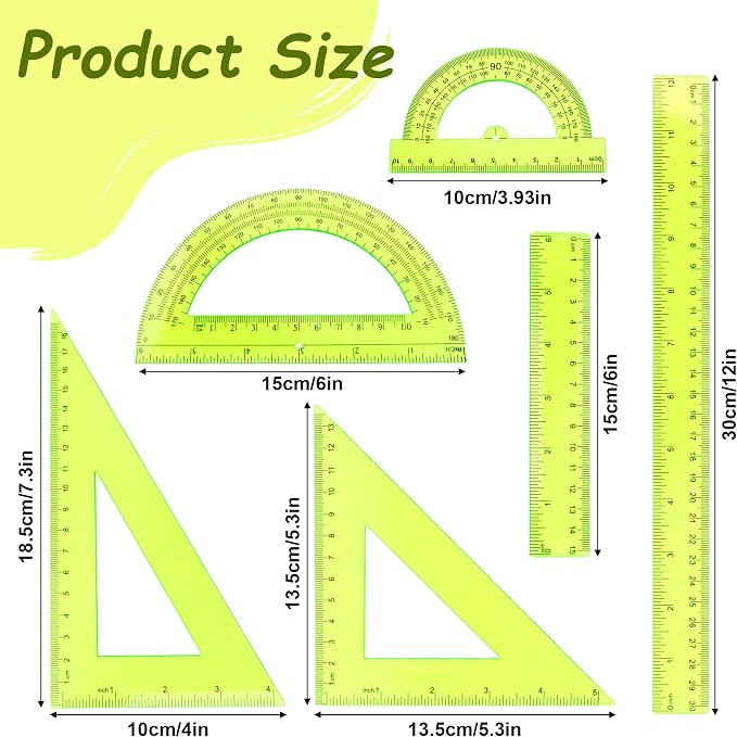 Plastic Clear Ruler Math Set - 6'' 12'' Transparent Straight Ruler, 4'' 6'' Protractor, 30/60 & 45/90 Triangle Ruler, Geometry Math Measuring Tool for School Home Office Drawing Teachers Kids Yellow