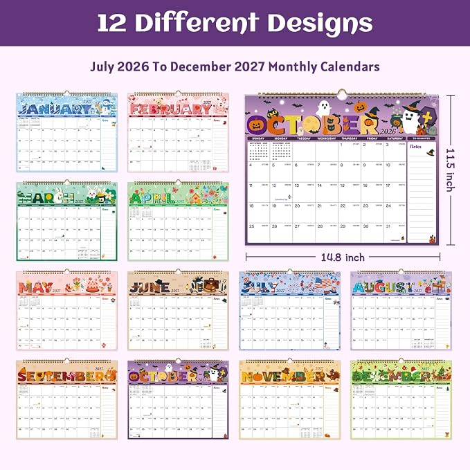 Calendar 2026-2027, 18 Month Wall Calendar July 2026 to December 2027, 14.8" X 11.5", Calendar with Twin-Wire Binding, Hanging Hook and Julian Dates for Home or Office (Seasonal Designs)