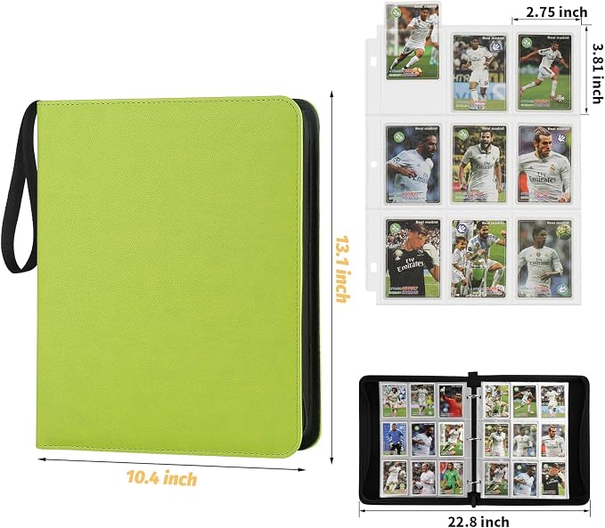 GERMUN 3 Ring 9 Pocket Zipper Card Binder, 720 Double Sided Standard PU Trading Card Album Folder for TCG & Sports Cards, Not Fit Top Loaders (grass green)