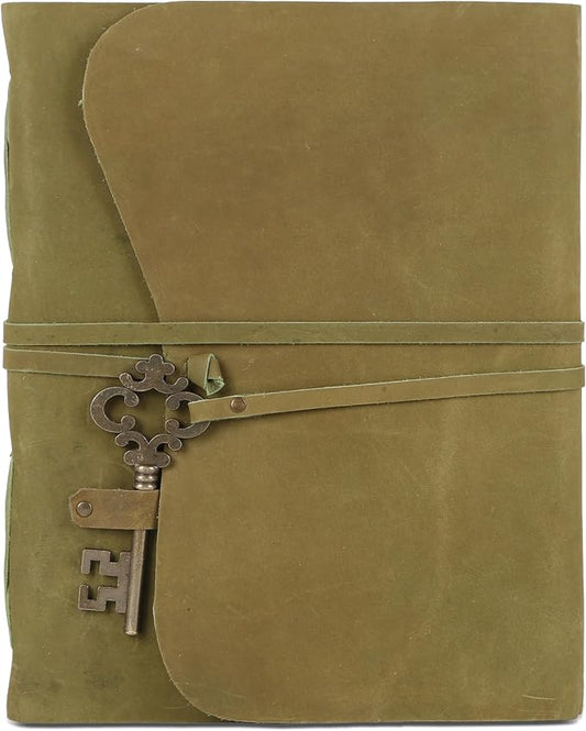 Leather Journal with Deckle Edge Paper 8x6 inch and Vintage Key | Handmade Writing Notebook Diary | Bound Daily Notepad for Men & Women Medium, Sketch/Writing pad for Artists