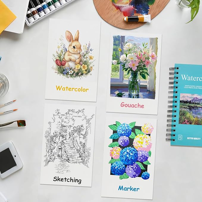 3 Pack 90 Sheet Watercolor Paper Pad 5.5“ x 8.5”, 140lb/300 GSM Cotton Cold Press Spiral Bound Pad Watercolor Sketchbook for Adults, Mixed Media,Markers, Art Painting, Journal