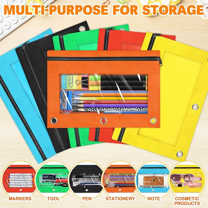 Pencil Pouch for 3 Ring Binder, 160 Packs Zipper Pencil Pouch Bulk in 10 Colors, Pencil Case for Binder with Clear Window for School, Home and Office