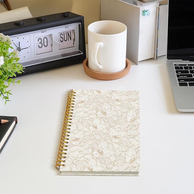 Lotus Floral Spiral Notebook, Vintage Beige Lotus Flower Journal, Neutral Botanical Aesthetic Journal Notebook, Prayer Office Diary Wedding Gifts, Gifts for Girl Mom Lady Woman, 5.5x8.3 Inch