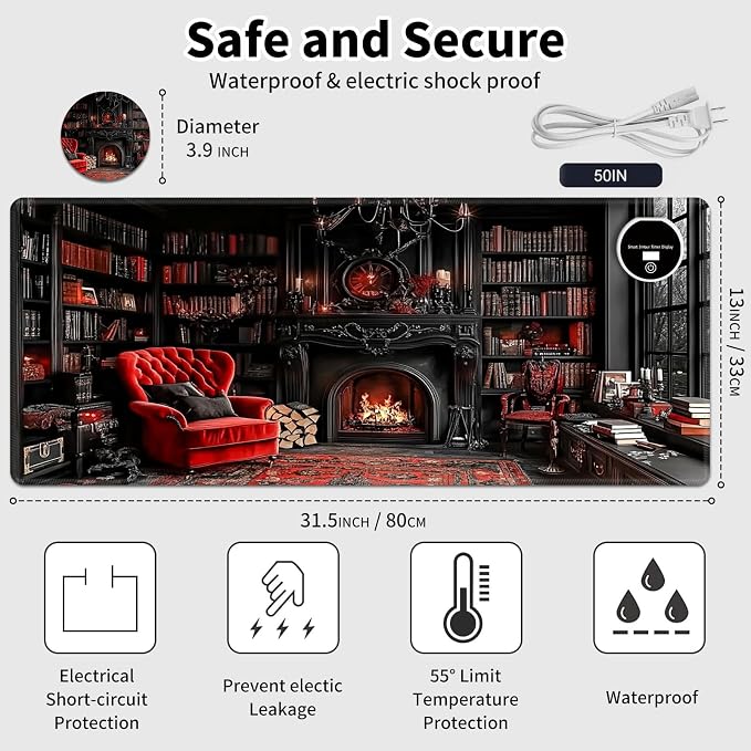 Warm Desk Pad,Heated Desk Pad,Office Mat,3 Heating Levels & 3 Hours Auto Shut-Off,31.5"*13" Gaming Mouse Laptop Keyboard Leather Desk Mat,Retro Bookshelf Red