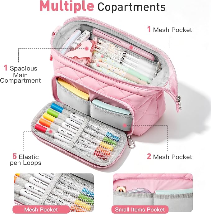 Zannaki Soft Quilted Large Pencil Pouch Organizer with Wide Opening for Boys Girls Teens - Extra Big Capacity Pen Pencil Bag with Zipper, Portable Pencil Case Box for School, College, Cosmetic Gift