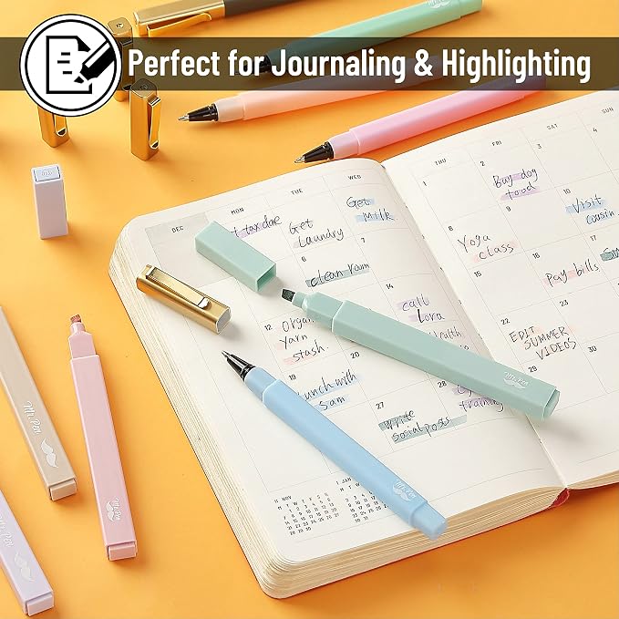 Mr. Pen- Aesthetic Highlighters and Ballpoint Pens No Bleed, 12 Pack | Pastel Colors, Bible Highlighters and Black Ink Pens No Bleed, Fast Dry and No Smear for Bible Journaling, Planner
