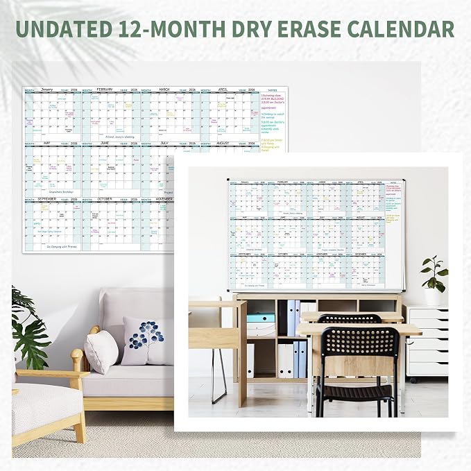 Large Dry Erase Calendar for Wall – Yearly Wall Calendar Dry Erase Large | 58"x 37", 12-Month Undated Blank Calendar, Reusable Laminated with 15 Round Stickers, Perfect for Office, Home and Classroom