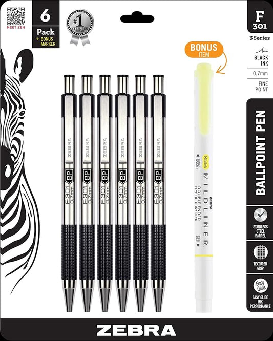 Zebra Pen STEEL F-301 Retractable Ballpoint Pen, Black Ink, 0.7mm, 6-Pack | Stainless Steel Barrel, Non-Slip Grip, Easy-Glide Ink, Fine Point Tip, Includes a Bonus MILDLINER Highlighter (27192)