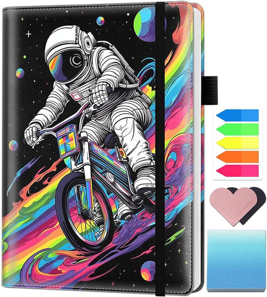 A5 Leather Lined Journal Notebook, 200 Pages Hardcover Executive Notebook for Men Women Office School Note Taking,Thick Writing Paper Daily Journal with Bookmarks/Indexes, Astronaut Riding Bicycle