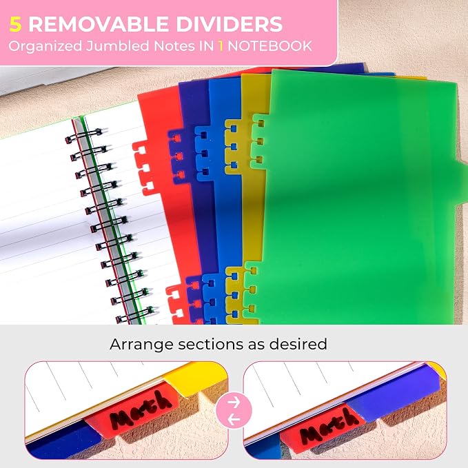 CAGIE 5 Subject Notebook, Small Spiral Notebook with Tabs, 6'' x 8'' | Removable Dividers, 180° lay-flat, Portable, College Ruled, 240 Pages Note book, for School Work, Pink