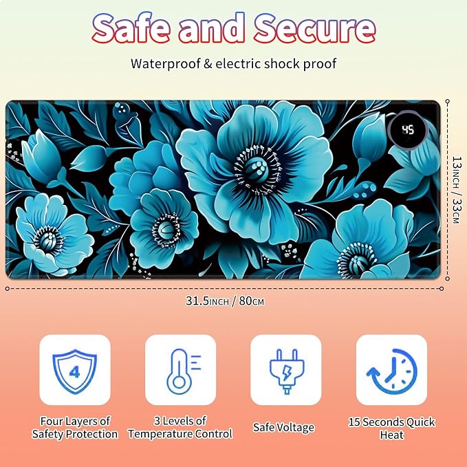 Heated Desk Pad Large Mouse Pad 31.5 x 13 inch with 3 Levels Heating & Auto Shut-Off Warm Mouse pad PU Leather Computer Mousepad for Home Office Work - Blue Floral Flower