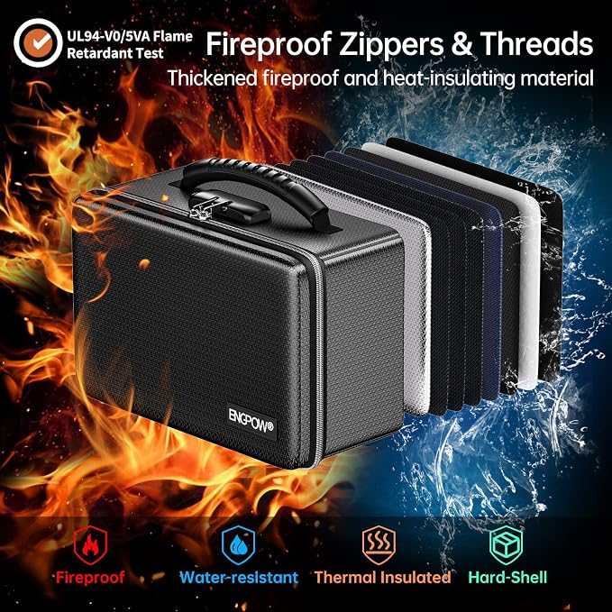 ENGPOW Fireproof Money Box with Lock & Heat-Resistant Fireproof Zipper | 6400°F 12-Layer Fire Protection,Small Hard Case with Multi-Pocket,Portable Home Chest Safe Storage for Money, Jewelry, Black