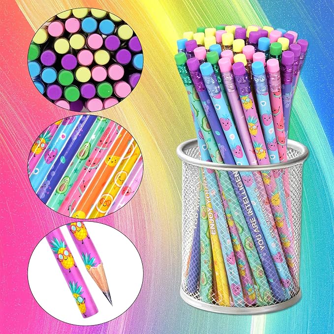 Rbenxia 48PCS Wooden Pencils with Erasers Assortment Colorful Novelty Pencils Awards Incentives Supplies Giveaways Party Favor (Fruit Elements)