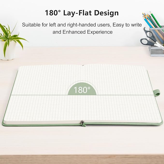 RETTACY Graph Grid Paper Notebook, 192 Pages, A5 Size (5.7'' x 8.3'') | 5 Squares per Inch, Leather Hardcover, 100 GSM Thick Paper, for School, Students, Math, Engineering (Light Green)