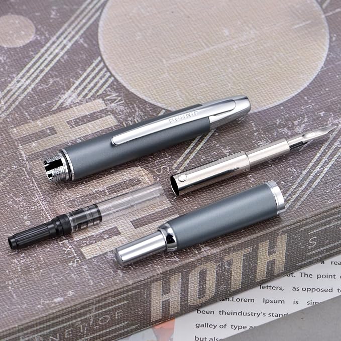 Jinhao 10 Press Fountain Pen with Box, Metal Gray Retractable Extra Fine Nib with Ink Converter Set (Silver Clip)
