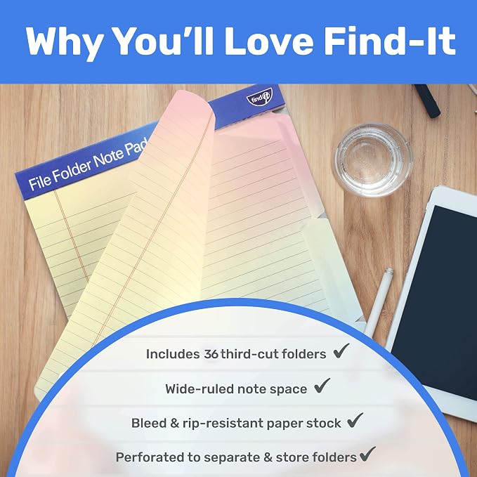 Find It File Folder Notepad - Pack of 36-9.5 x 12.5 Inch Notebook Organizer Folders for Filing, Document, and Clipboard Organization - Rainbow | Wide-ruled clipboard-style pages, tear-out perforated sheets, great for office, home, and school filing org...