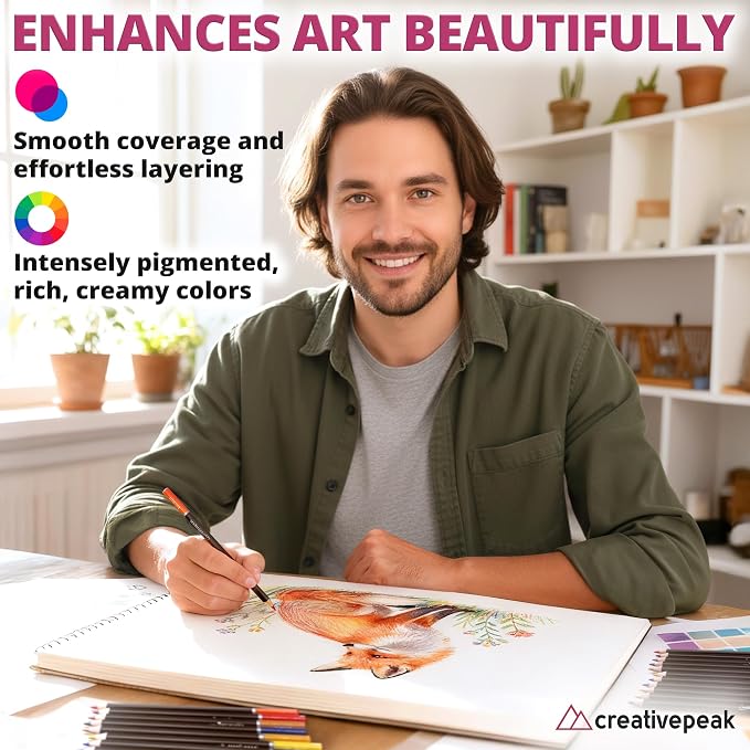 Creativepeak Premium Colored Pencils for Kids & Adults Coloring Books - 72 Vibrant Colors with Swatch Card - Professional Coloring Pencil Set with Soft Wax Cores & Zip-Up Travel Case