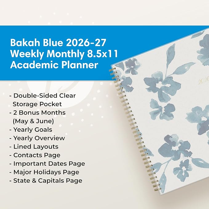 Blue Sky 2026-2027 Weekly & Monthly Academic Planner, 8.5"x11", Bakah Blue | July 2026 - June 2027, Flexible Cover, Wirebound, Storage Pocket, Academic Year
